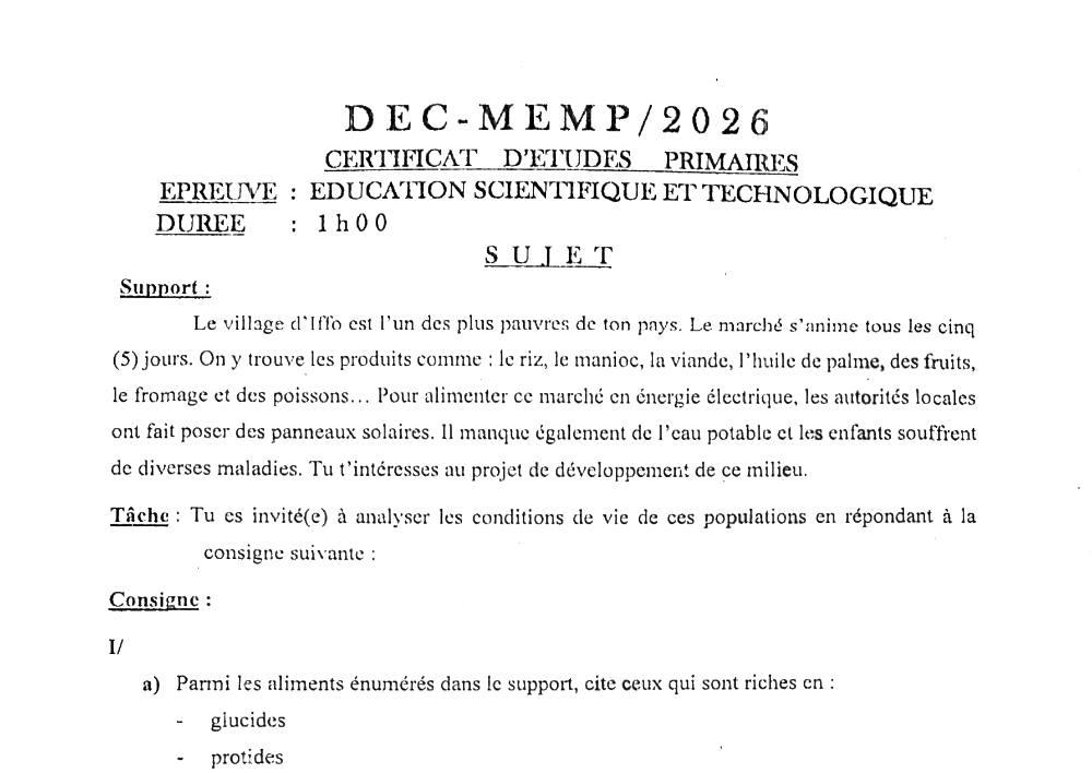 Aperçu de la première page — CEP NATIONAL Éducation Scientifique et Technologique CEP Bénin 2026