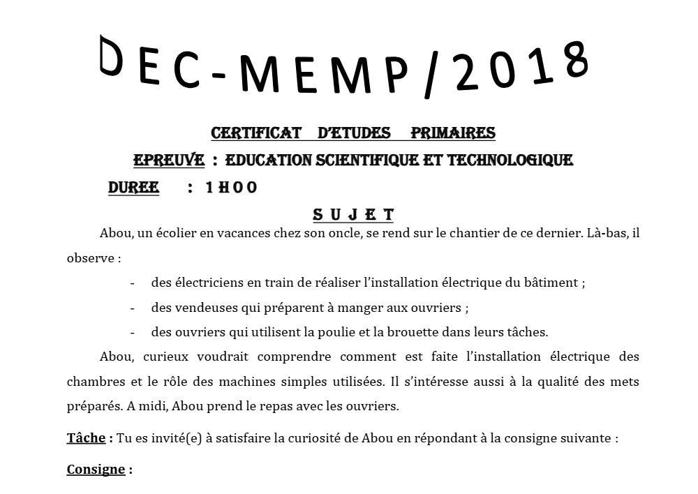 Aperçu de la première page — CEP NATIONAL Éducation Scientifique et Technologique CEP Session Normale Bénin 2018