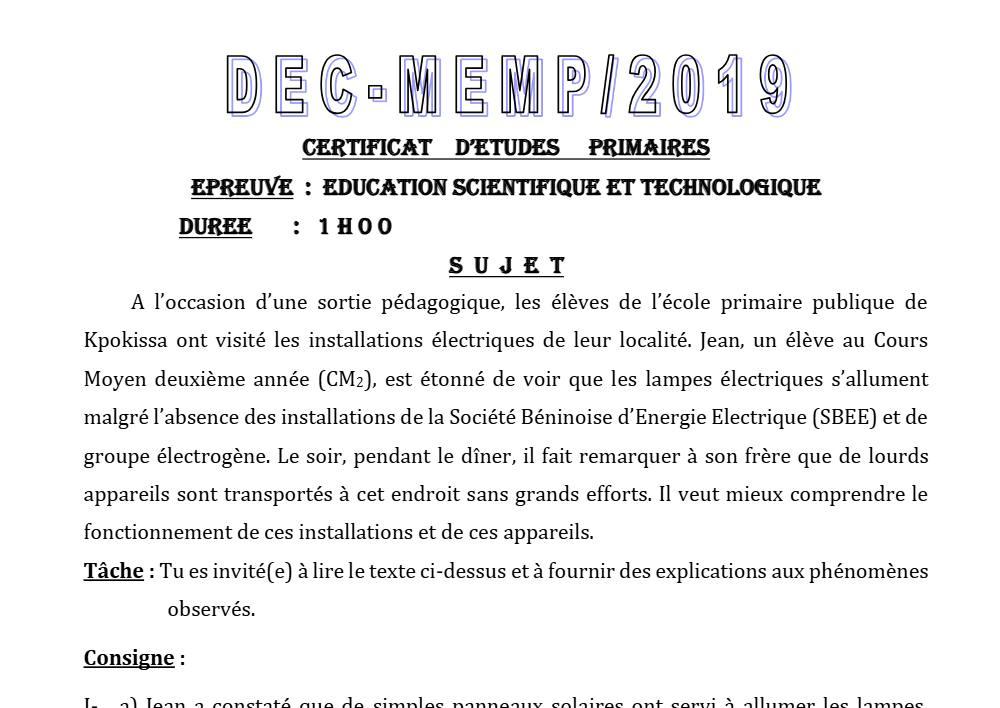 Aperçu de la première page — CEP NATIONAL Éducation Scientifique et Technologique CEP Session Normale Bénin 2019
