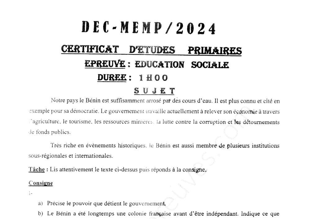 Aperçu de la première page — CEP NATIONAL Éducation Sociale CEP Bénin 2024