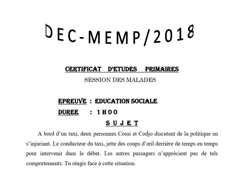 Aperçu de la première page — CEP NATIONAL Éducation Sociale CEP Session des Malades Bénin 2018