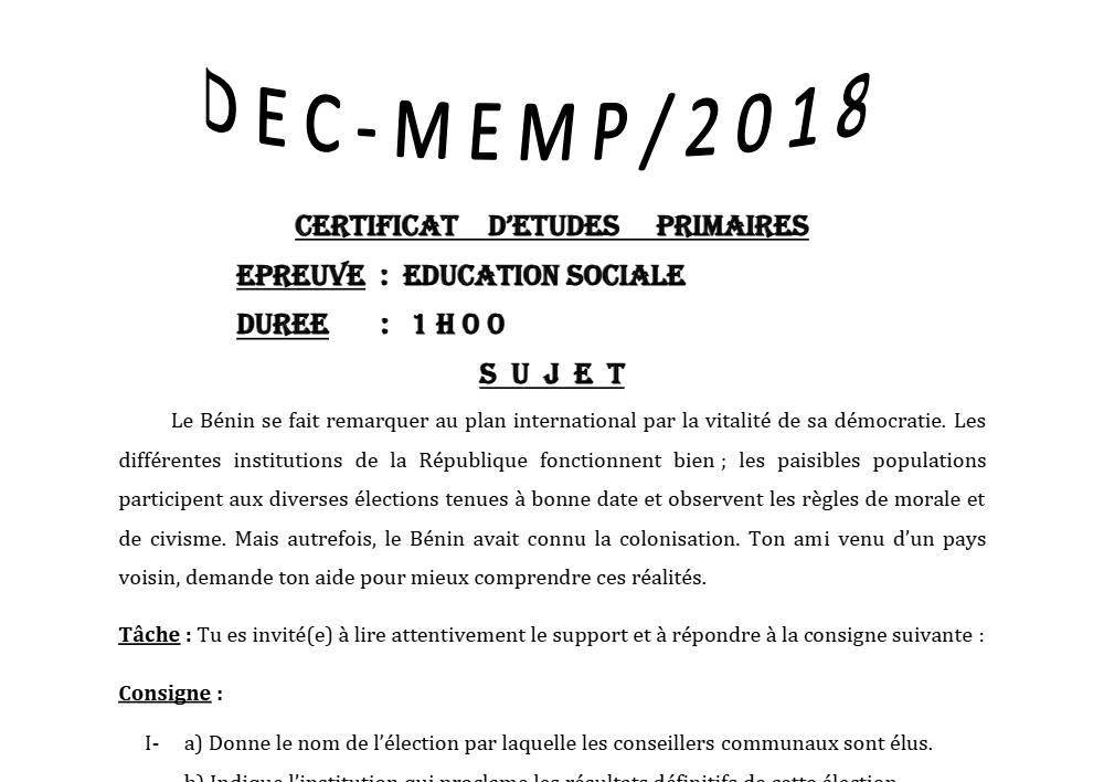 Aperçu de la première page — CEP NATIONAL Éducation Sociale CEP Session Normale Bénin 2018