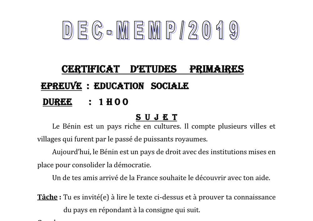 Aperçu de la première page — CEP NATIONAL Éducation Sociale CEP Session Normale Bénin 2019