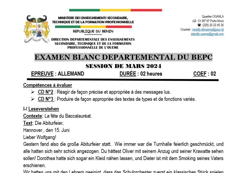 Aperçu de la première page — Allemand BEPC Blanc Ouémé 2024