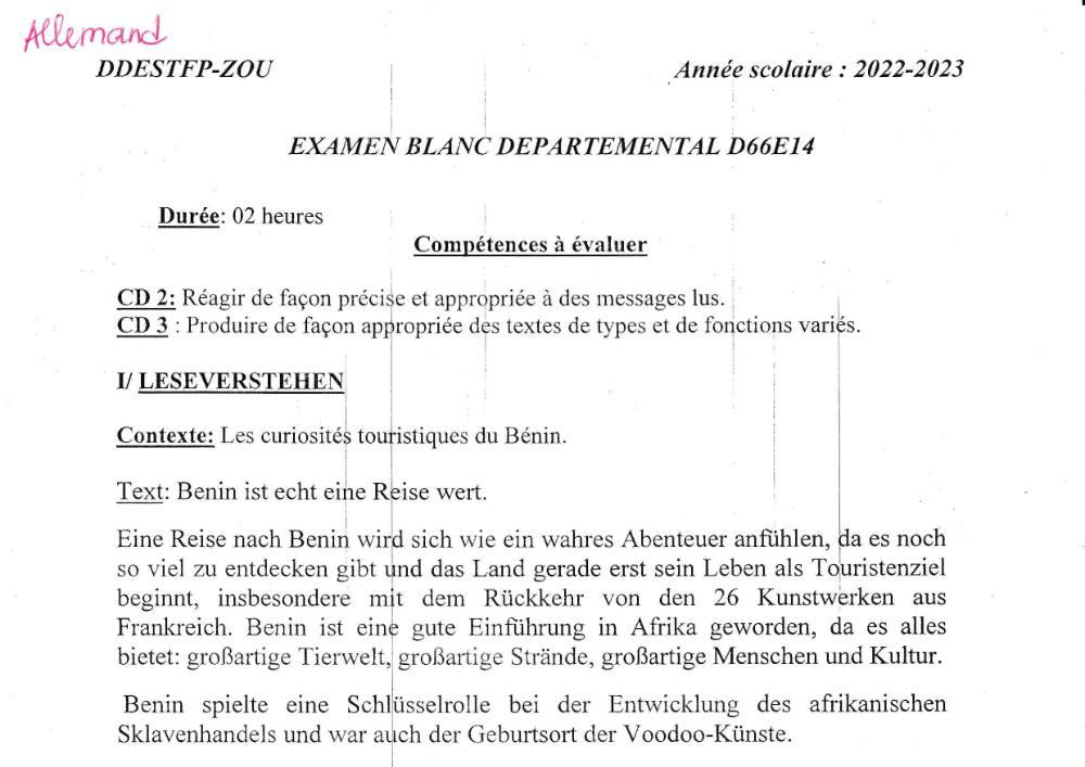 Aperçu de la première page — Allemand BEPC Blanc Zou 2023