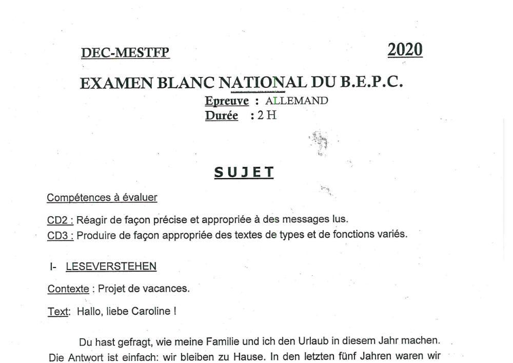 Aperçu de la première page — Allemand BEPC Blanc National Bénin 2020