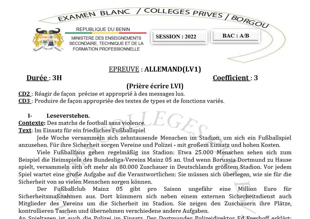Aperçu de la première page — Allemand LV1 Séries A B BAC Blanc Collectif des Collèges Privés du Borgou 2022