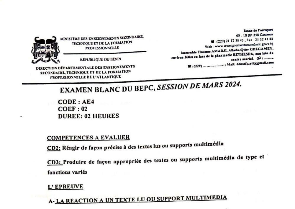 Aperçu de la première page — Anglais BEPC Blanc Atlantique 2024