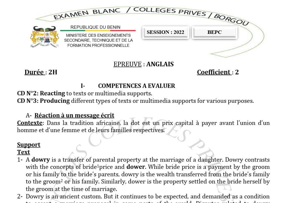 Aperçu de la première page — Anglais BEPC Blanc Collectif des Collèges Privés du Borgou 2022