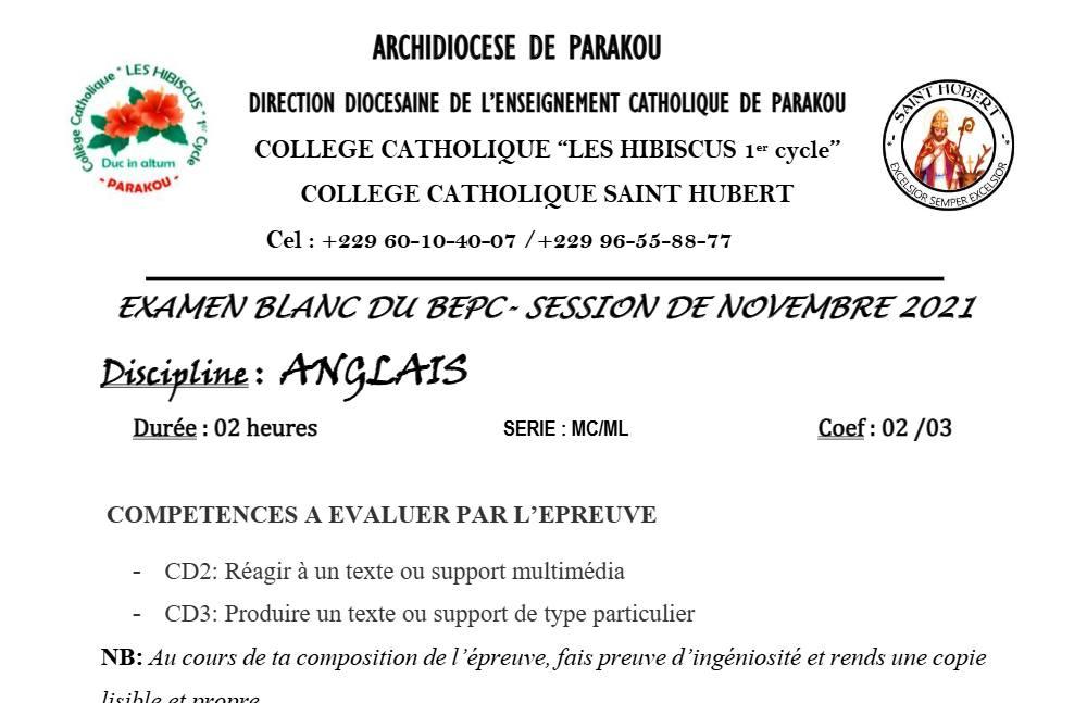 Aperçu de la première page — Anglais BEPC Blanc Collège Catholique Les Hibiscus (Parakou) 2021