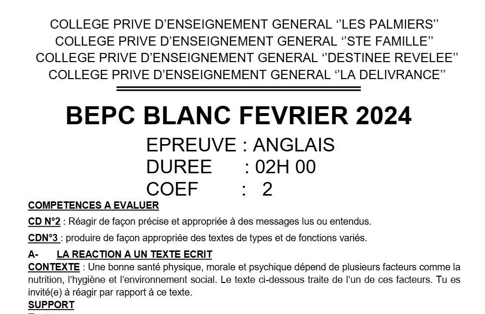 Aperçu de la première page — Anglais BEPC Blanc Collèges Privés Les Palmiers 2024