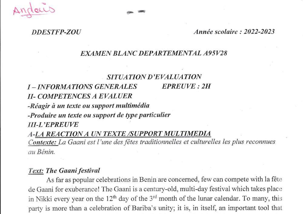 Aperçu de la première page — Anglais BEPC Blanc Zou 2023