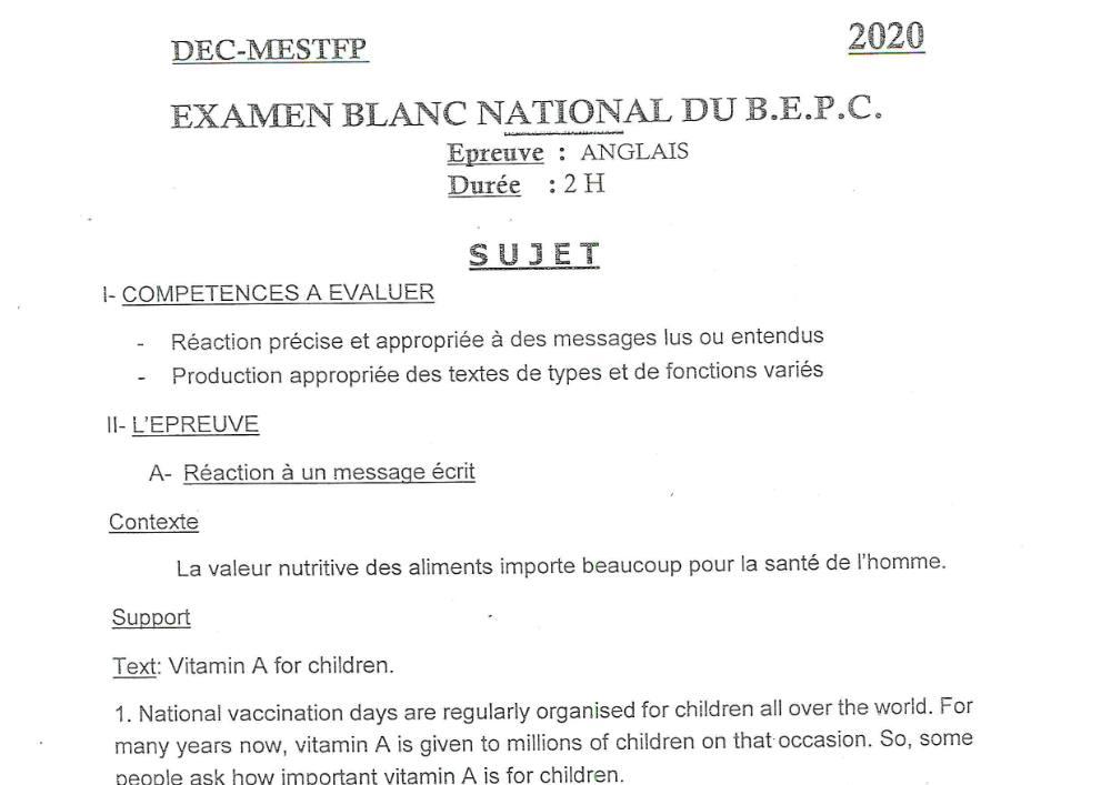 Aperçu de la première page — Anglais BEPC Blanc National Bénin 2020