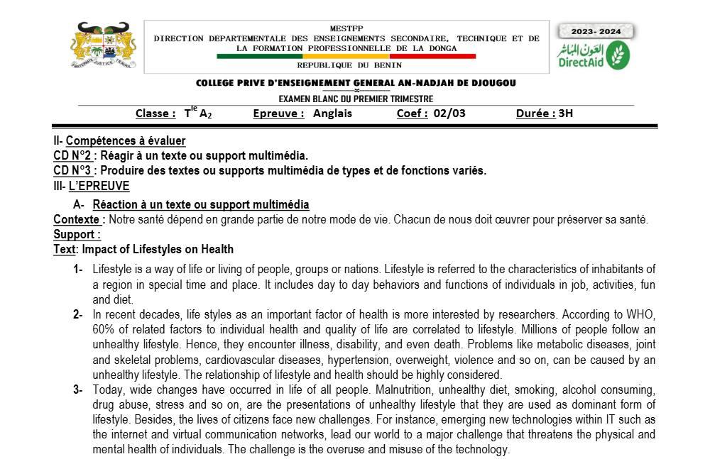 Aperçu de la première page — Anglais Tle A BAC Blanc CPEG An Nadjah (Djougou) 2023 2024
