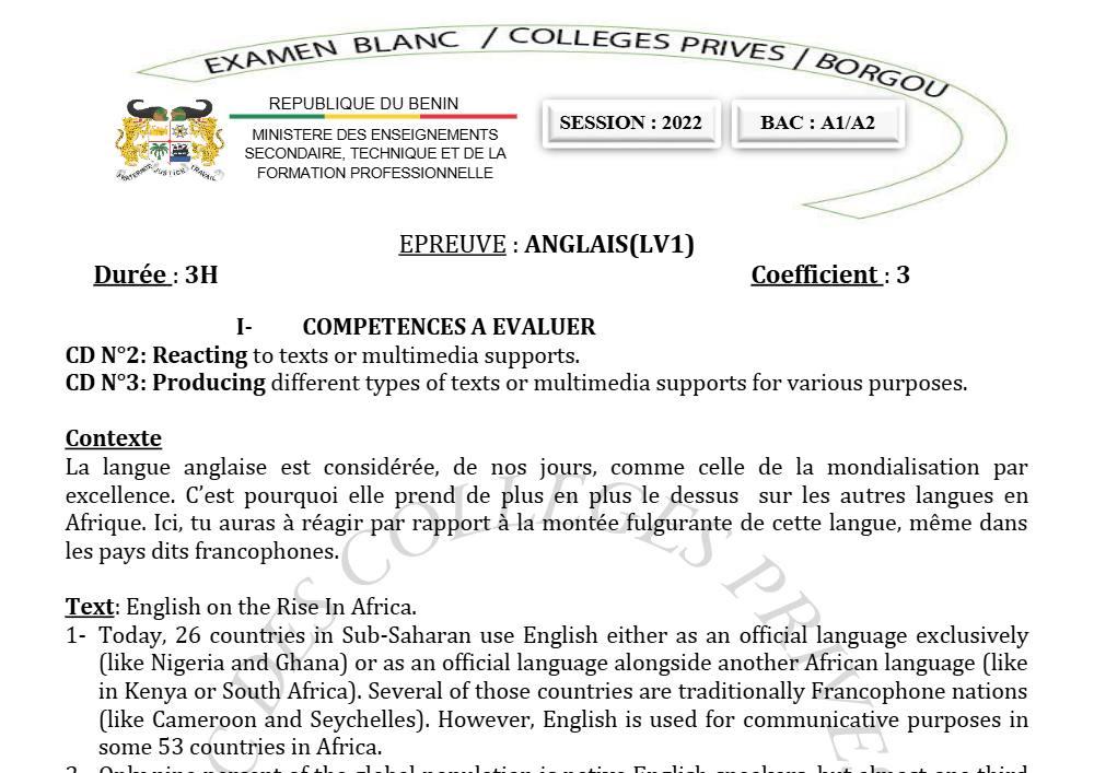 Aperçu de la première page — Anglais LV1 Séries A1 A2 BAC Blanc Collectif des Collèges Privés du Borgou 2022