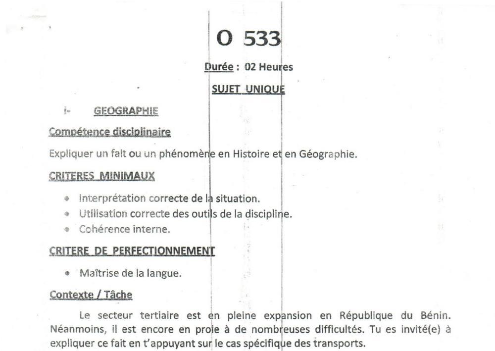Aperçu de la première page — BAC NATIONAL Histoire Géographie Séries C D BAC Bénin 2023