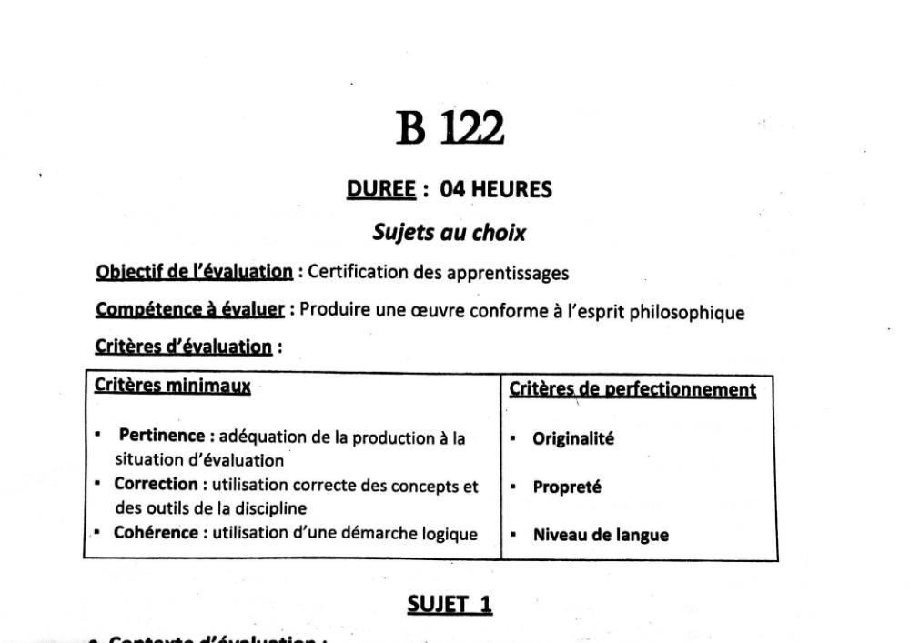 Aperçu de la première page — BAC NATIONAL Philosophie Séries A1 A2 BAC Bénin 2020