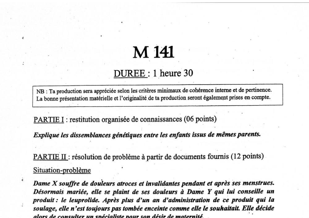Aperçu de la première page — BAC NATIONAL SVT Séries A1 A2 B BAC Bénin 2020