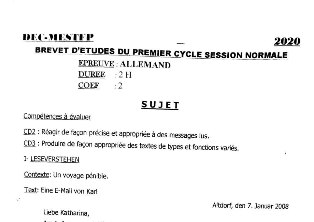 Aperçu de la première page — BEPC NATIONAL Allemand BEPC Bénin 2020