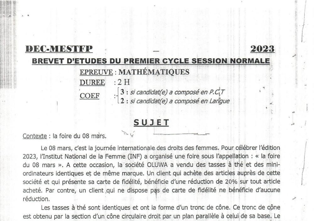 Aperçu de la première page — BEPC NATIONAL Mathématiques BEPC Bénin 2023