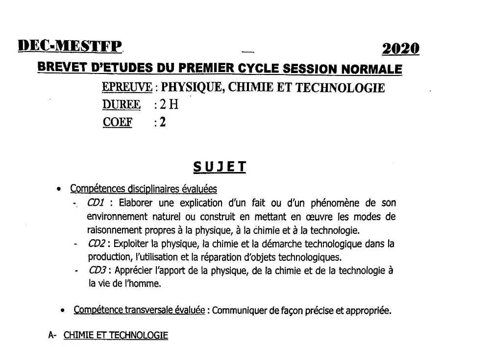 Aperçu de la première page — BEPC NATIONAL Physique Chimie Technologie BEPC Bénin 2020