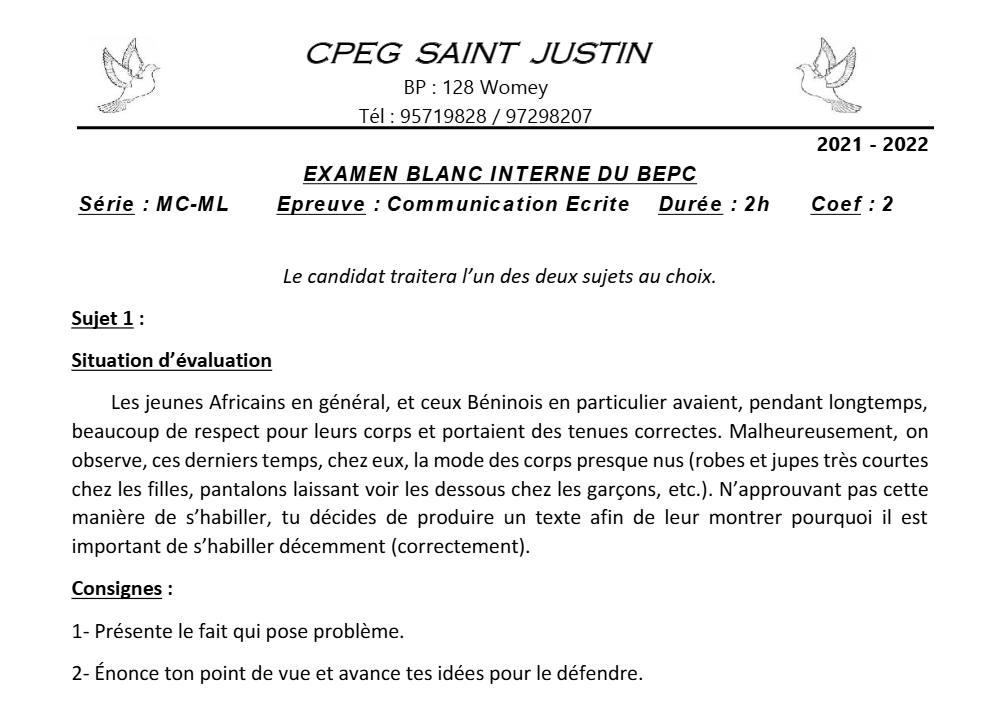 Aperçu de la première page — Communication Écrite BEPC Blanc CPEG Saint Justin (Womey) 2022