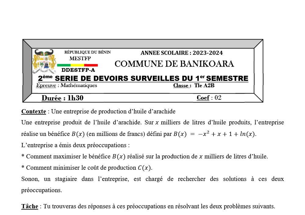 Aperçu de la première page — TleA&B - Mathématique - 2e dev 1e sem - Devoir communal Banikoara