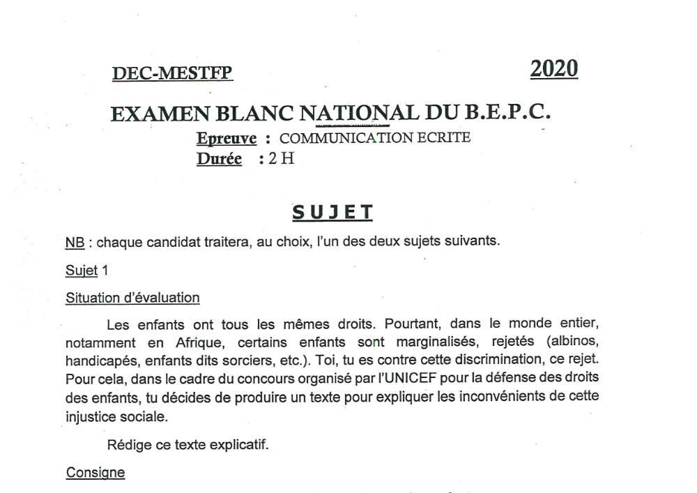 Aperçu de la première page — Communication Écrite BEPC Blanc National Bénin 2020