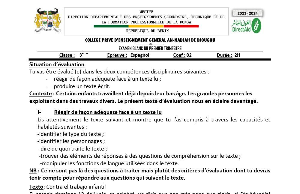 Aperçu de la première page — Espagnol BEPC Blanc CPEG An Nadjah (Djougou) 2023 2024