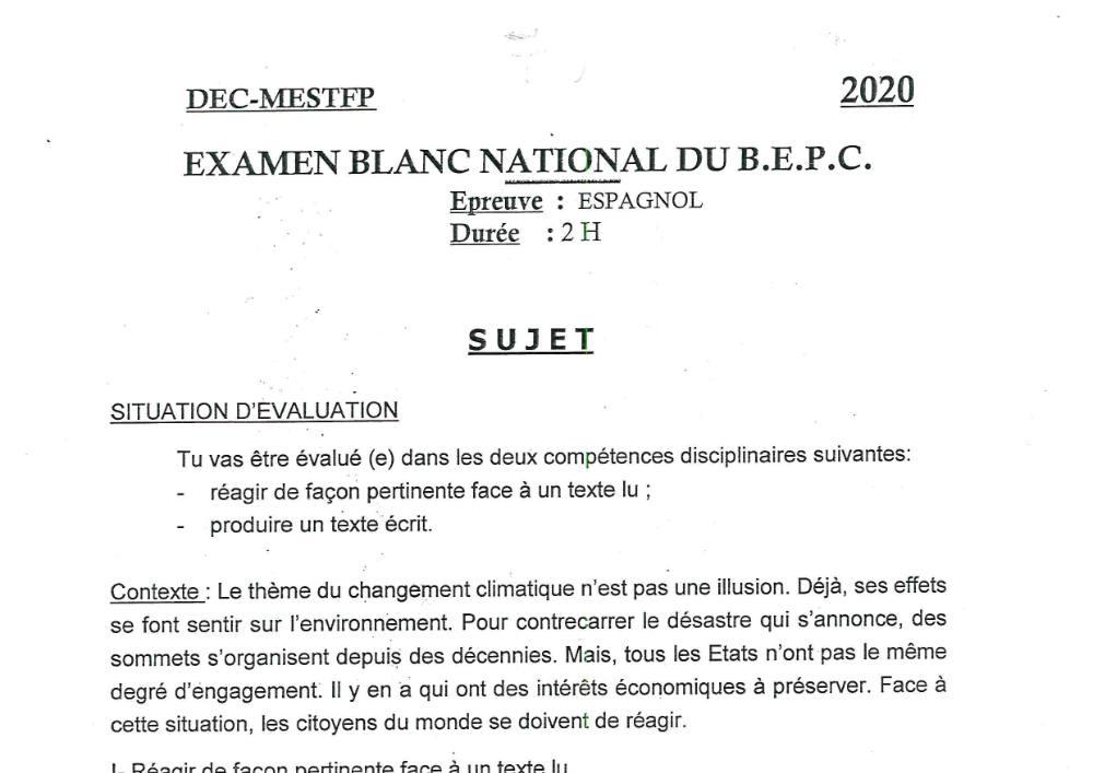 Aperçu de la première page — Espagnol BEPC Blanc National Bénin 2020