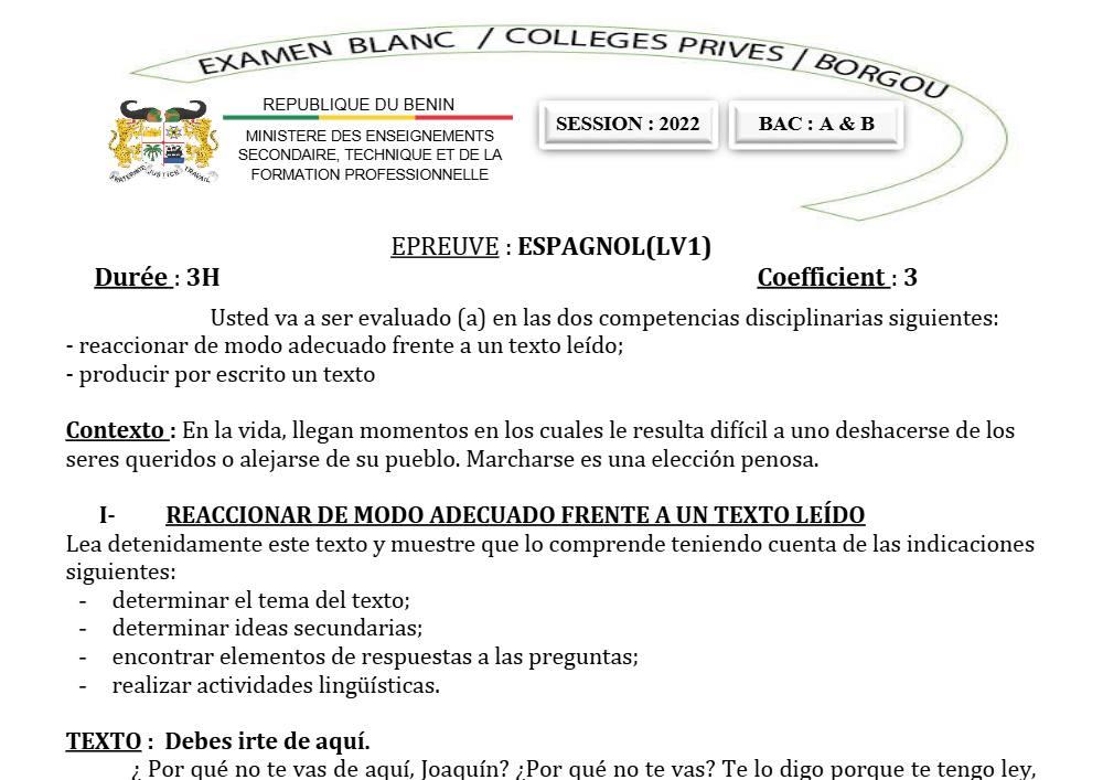 Aperçu de la première page — Espagnol LV1 Séries A B BAC Blanc Collectif des Collèges Privés du Borgou 2022