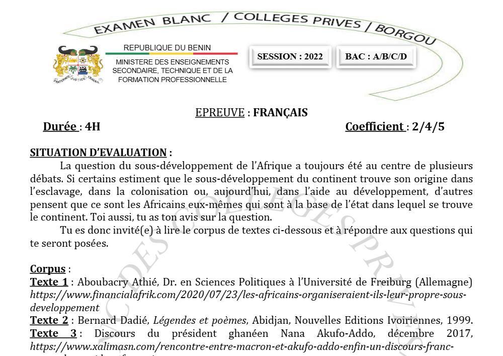 Aperçu de la première page — Français Séries A B C D BAC Blanc Collectif des Collèges Privés du Borgou 2022