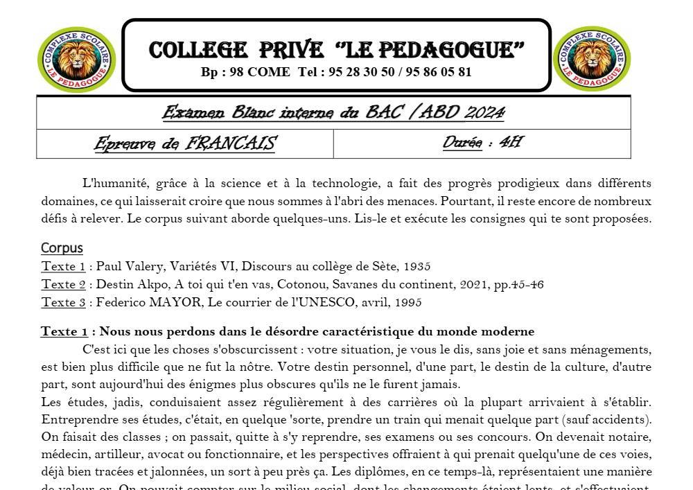 Aperçu de la première page — Français Tle A B D BAC Blanc Collège Privé Le Pédagogue 2024