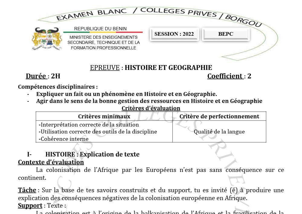 Aperçu de la première page — Histoire Géographie BEPC Blanc Collectif des Collèges Privés du Borgou 2022