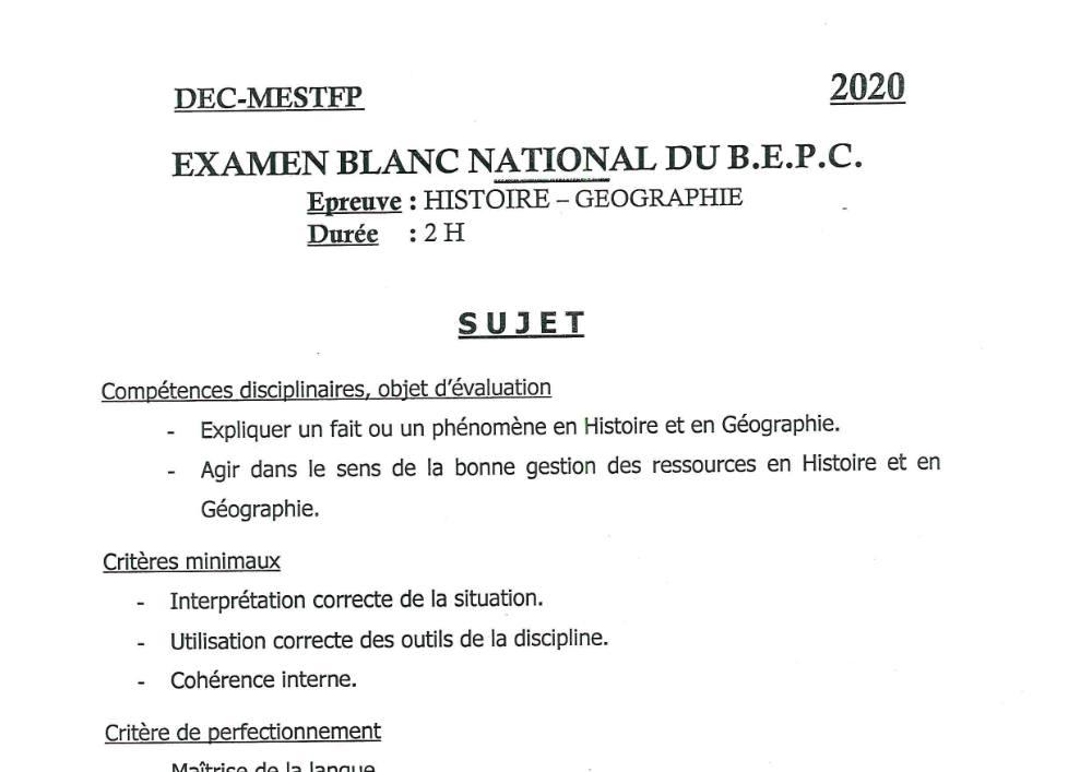 Aperçu de la première page — Histoire Géographie BEPC Blanc National Bénin 2020