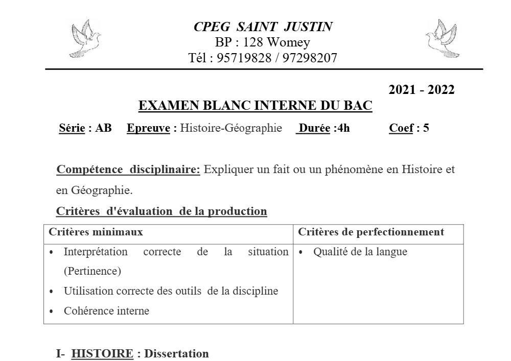 Aperçu de la première page — Histoire Géographie Séries A B BAC Blanc CPEG Saint Justin (Womey) 2022