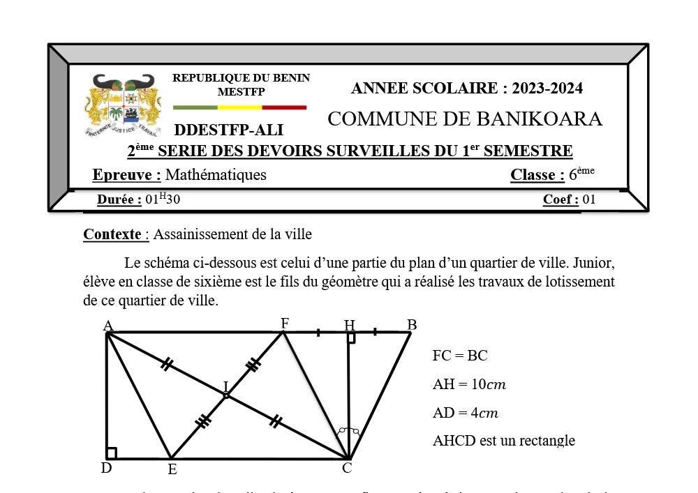 Aperçu de la première page — 6eme - Mathématique - 2e dev 1e sem - Devoir communal Banikoara