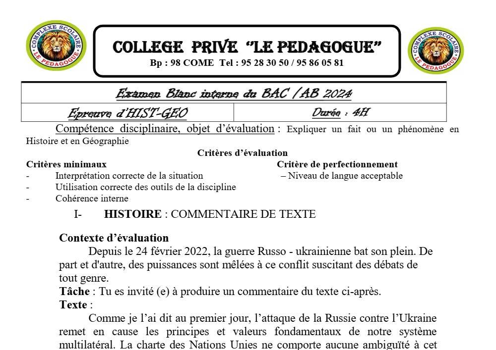 Aperçu de la première page — Histoire Géographie Tle A B BAC Blanc Collège Privé Le Pédagogue 2024