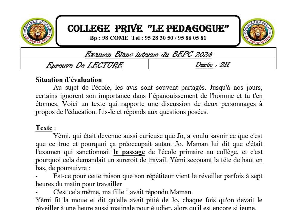 Aperçu de la première page — Lecture BEPC Blanc Collège Privé Le Pédagogue 2024