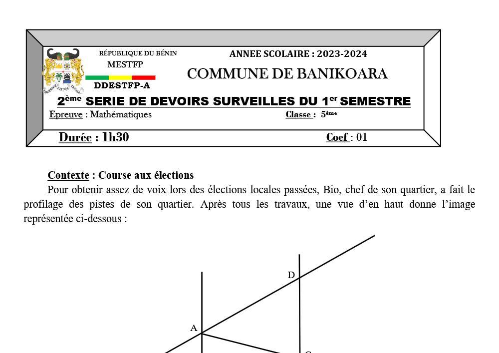 Aperçu de la première page — 5eme - Mathématique - 2e dev 1e sem - Devoir communal Banikoara