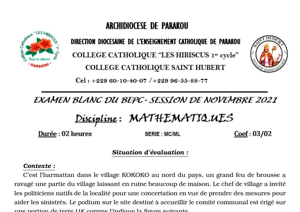 Aperçu de la première page — Mathématiques BEPC Blanc Collège Catholique Les Hibiscus (Parakou) 2021