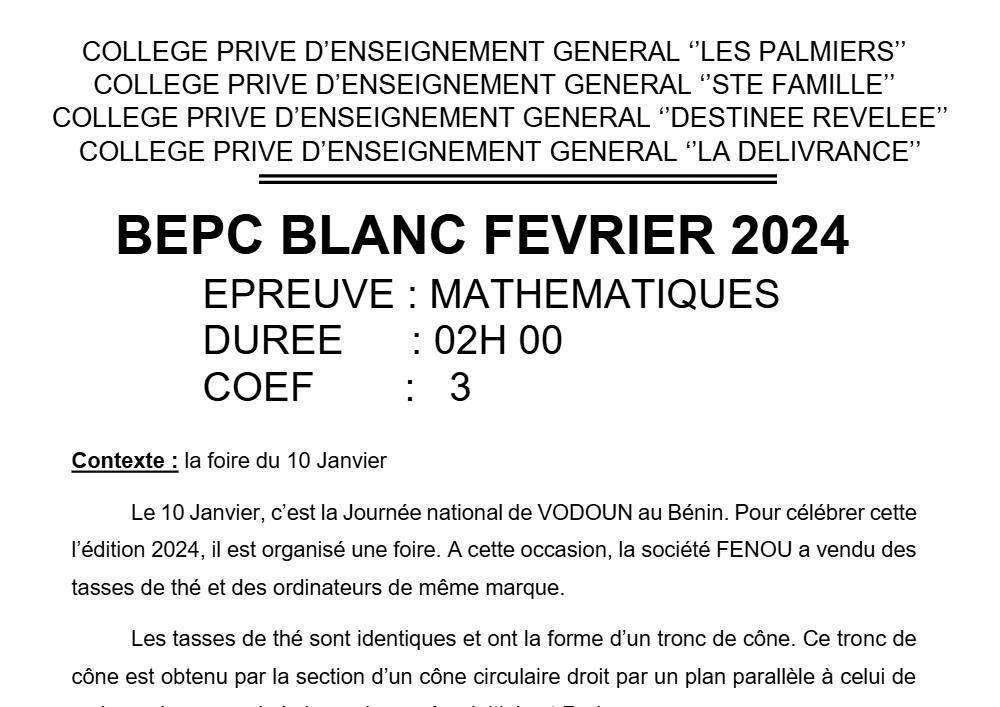Aperçu de la première page — Mathématiques BEPC Blanc Collèges Privés Les Palmiers 2024