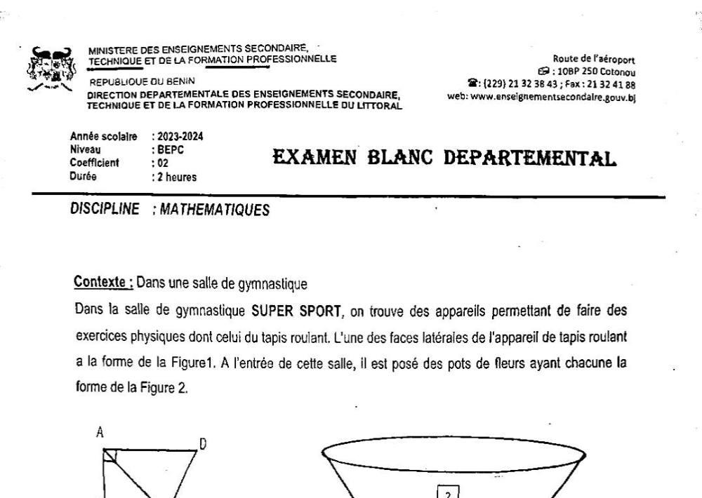 Aperçu de la première page — Mathématiques BEPC Blanc Littoral 2024