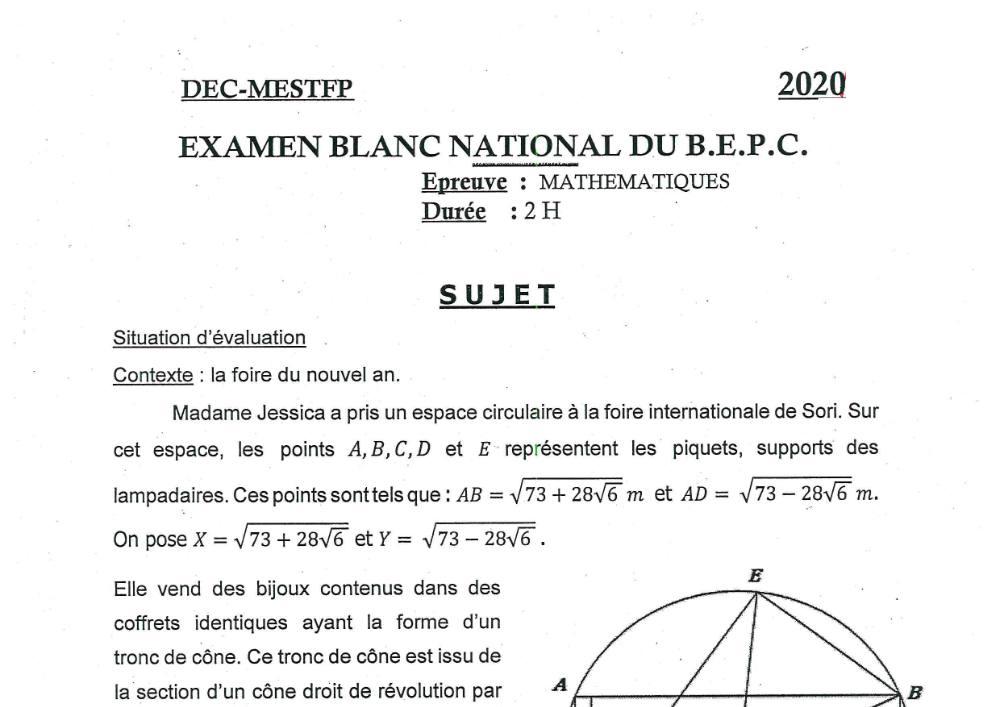 Aperçu de la première page — Mathématiques BEPC Blanc National Bénin 2020