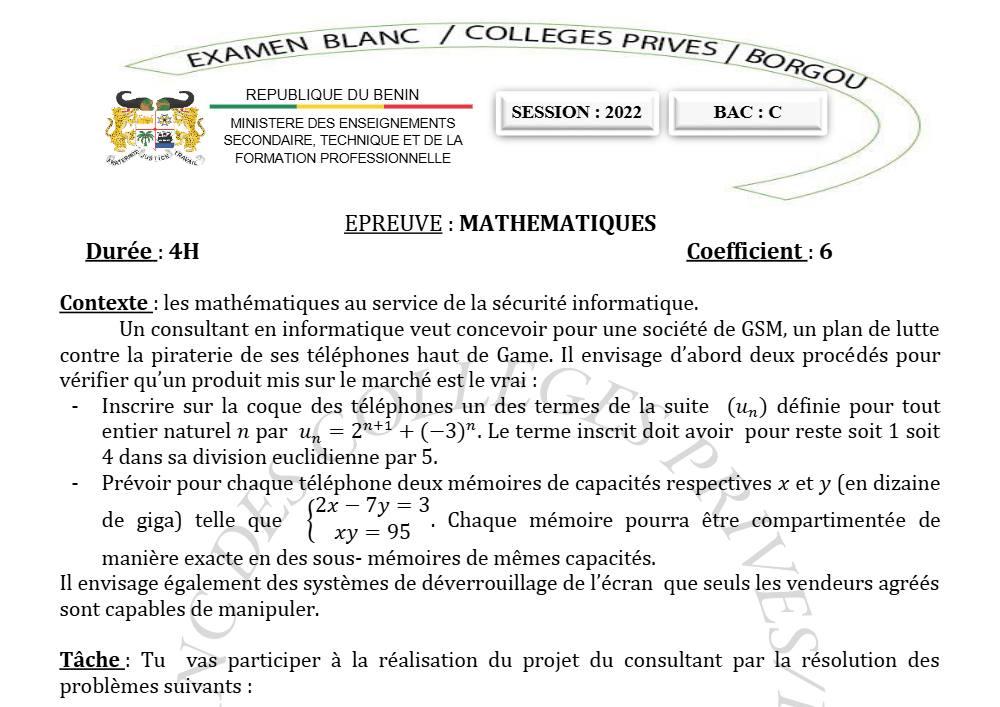 Aperçu de la première page — Mathématiques Série C BAC Blanc Collectif des Collèges Privés du Borgou 2022