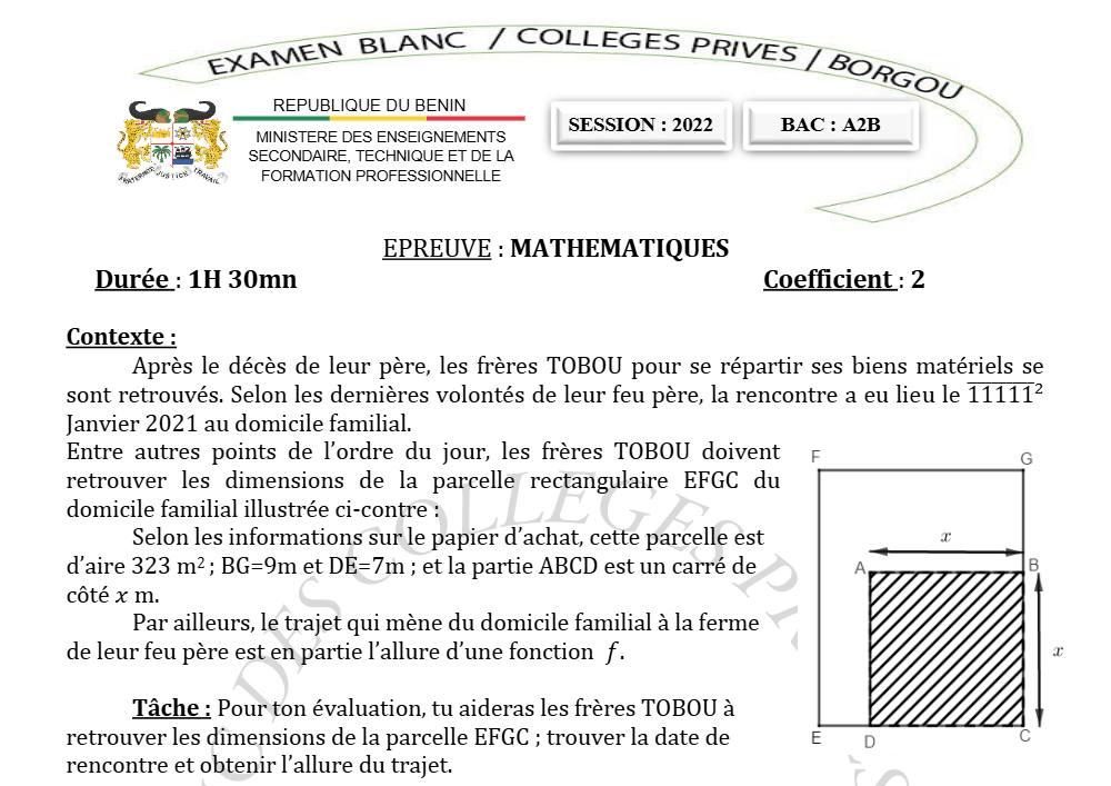 Aperçu de la première page — Mathématiques Séries A2 B BAC Blanc Collectif des Collèges Privés du Borgou 2022