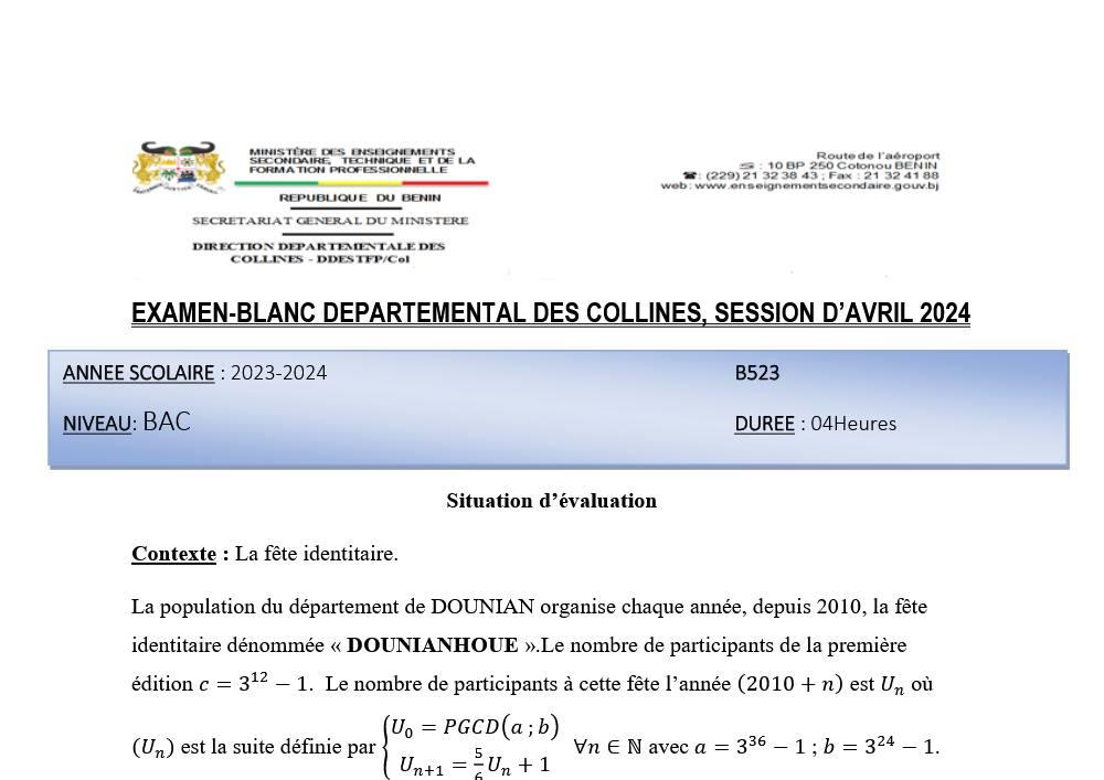 Aperçu de la première page — TleC Mathématique - Examen Blanc - Collines