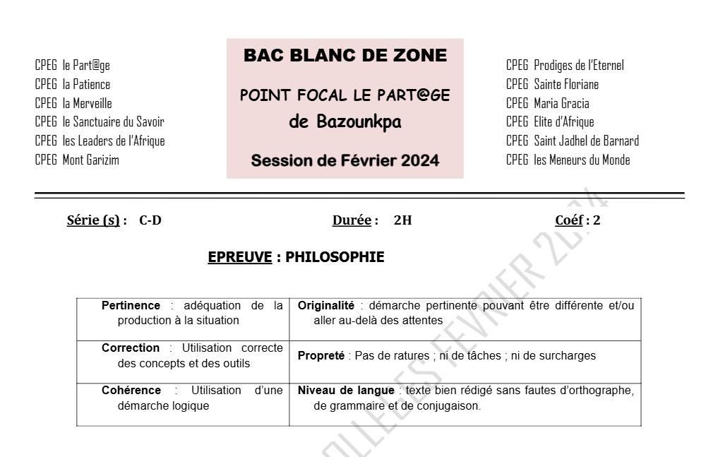 Aperçu de la première page — Philosophie Séries C D BAC Blanc 2024