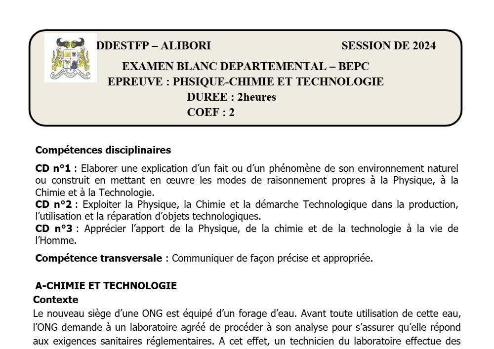 Aperçu de la première page — Physique Chimie Technologie BEPC Blanc Alibori 2024