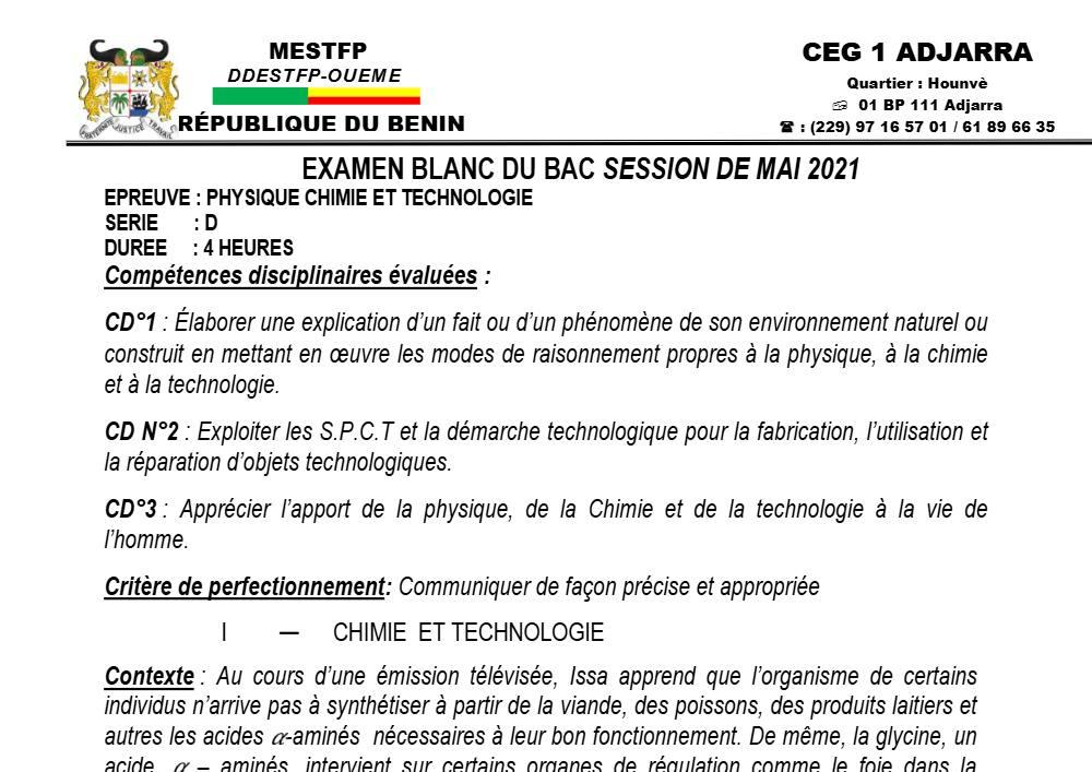 Aperçu de la première page — Physique Chimie Technologie Série D BAC Blanc 2021